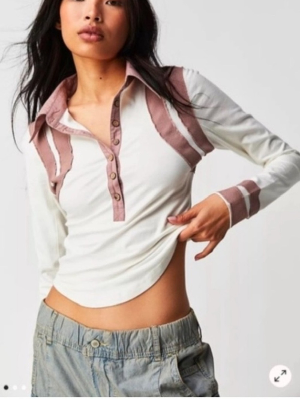 Free People Wednesday Polo Long Sleeve Top Cream W/Brown-Mauve Trim Size XSmall